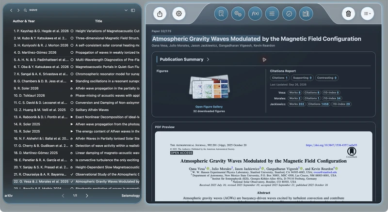 AstroStack — research library: A populated solar-physics library alongside the selected paper and PDF preview.