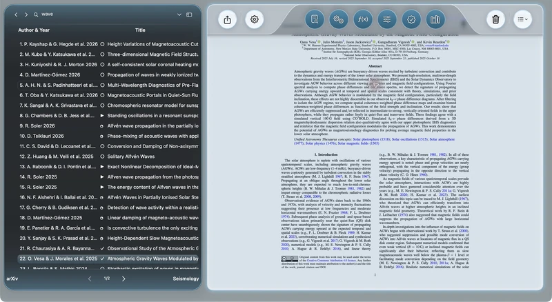 AstroStack — pdf reader: A scientific PDF open beside its publication library.