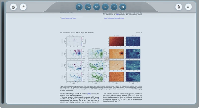AstroStack — immersive reading: A solar-observation figure in the expanded reader with the library panel tucked away.