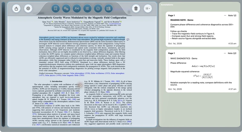 AstroStack — annotation workspace: Highlighted source material beside saved demonstration reading notes.