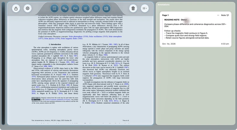 AstroStack — rich-text research notes: A formatted reading note with a heading and follow-up checklist.