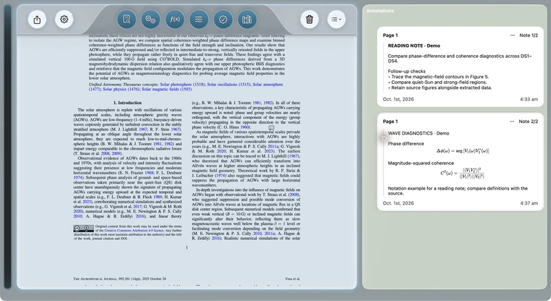 AstroStack — mathematical notation: Phase-difference and coherence expressions rendered in a demonstration note.
