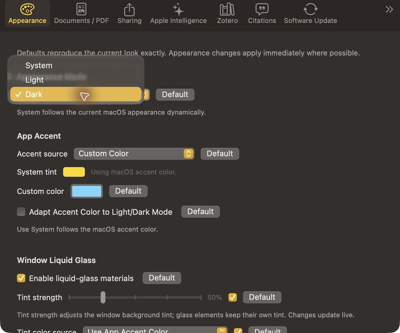 AstroStack — theme customization: Appearance mode and accent-color controls.