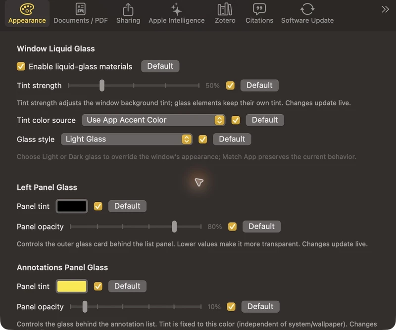 AstroStack — glass and transparency: Glass tint and transparency controls for the research workspace.