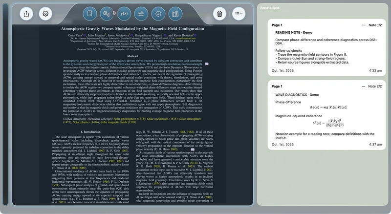 AstroStack — dark pdf reading: A dark PDF reading view beside light annotation cards.