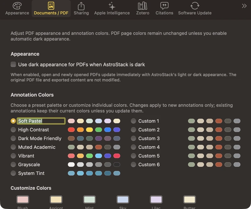 AstroStack — annotation palettes: Named annotation palettes and their coordinated color swatches.