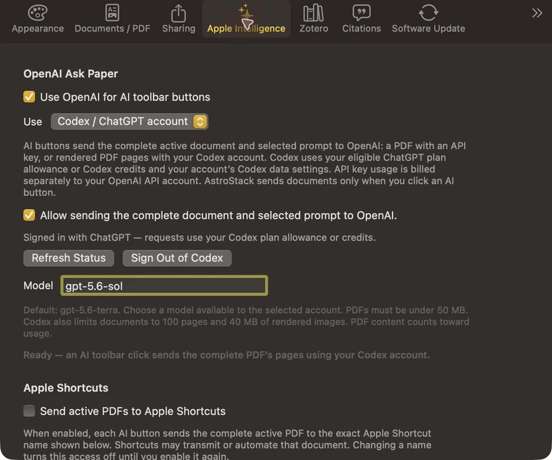 AstroStack — ai reading controls: AI provider, model, consent, and workflow-button configuration.