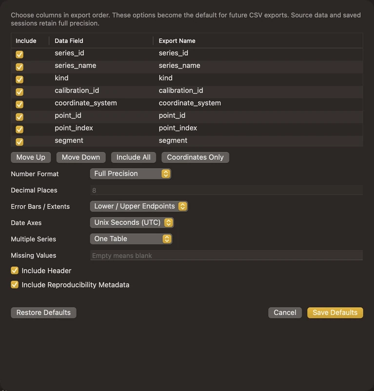 AstroStack — data export: CSV columns, precision, uncertainty fields, and reproducibility options.
