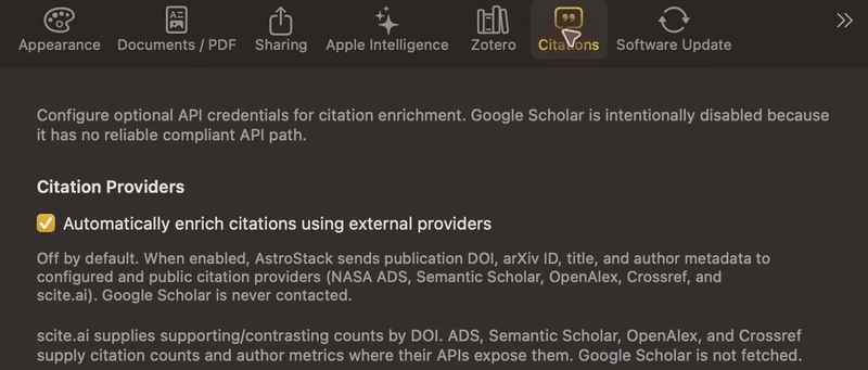 AstroStack — citation enrichment: Automatic scholarly citation enrichment and its supported public providers.