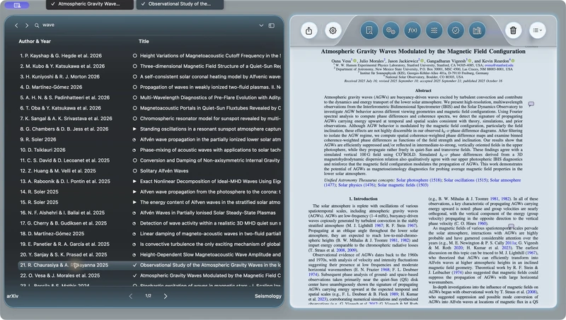 AstroStack — reading-state tracking: Reading-state symbols alongside publications and open paper tabs.